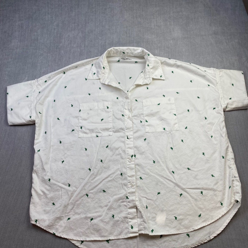 Madewell Cactus Embroidered Button Up Shirt White Cotton Short Sleeve Large